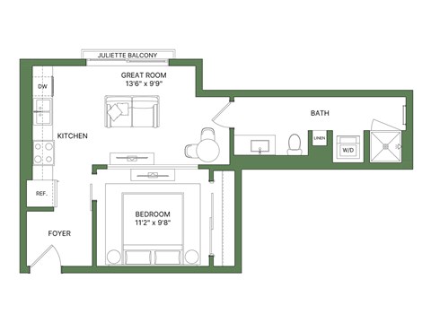 Floor plan for 1 bed, 1 bath, 543 sqft